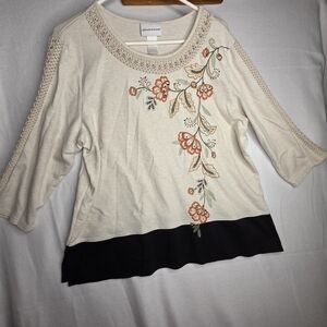 Alfred Dunner Cream and Black Floral Embroidered Top Size XL